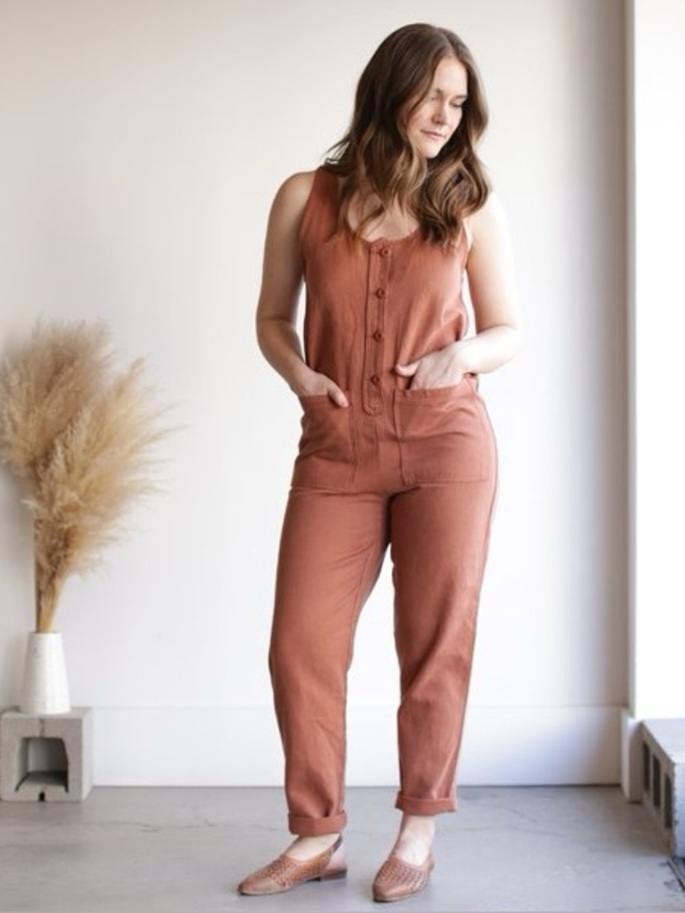 Jungmaven Terracotta Orange Hemp Cotton Button Front Jumper Jumpsuit medium - Picture 5 of 13